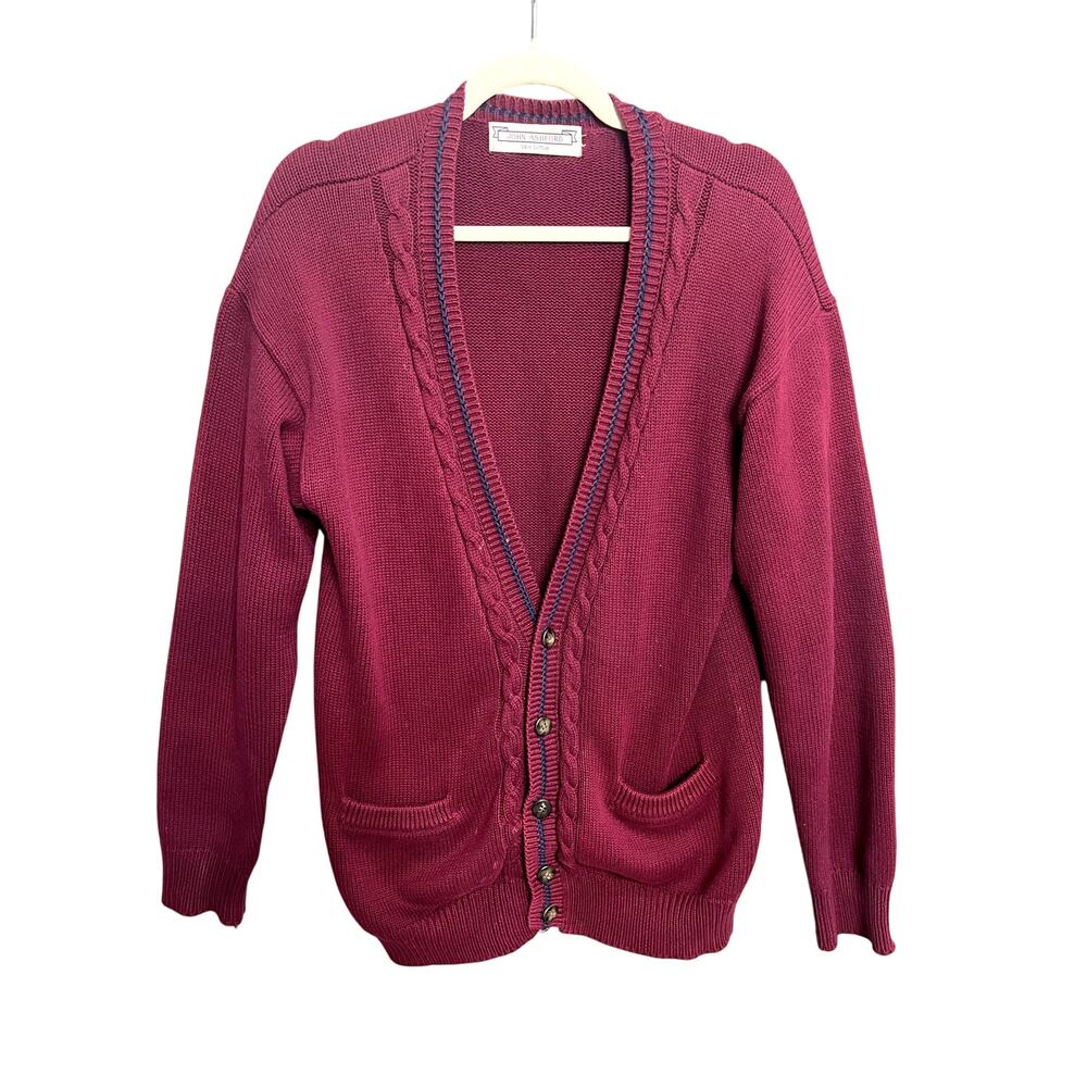 Women John Ashford Cardigan Maroon 100% Cotton Comfy M/L Casual Buttons Mens